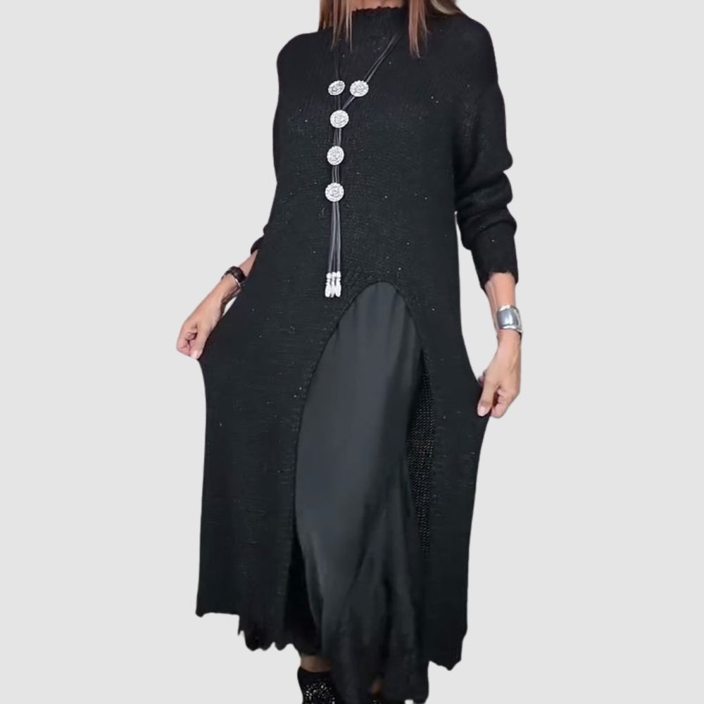 Black knit maxi dress set with long sleeves, high neck, side slit, lace-trim bottom