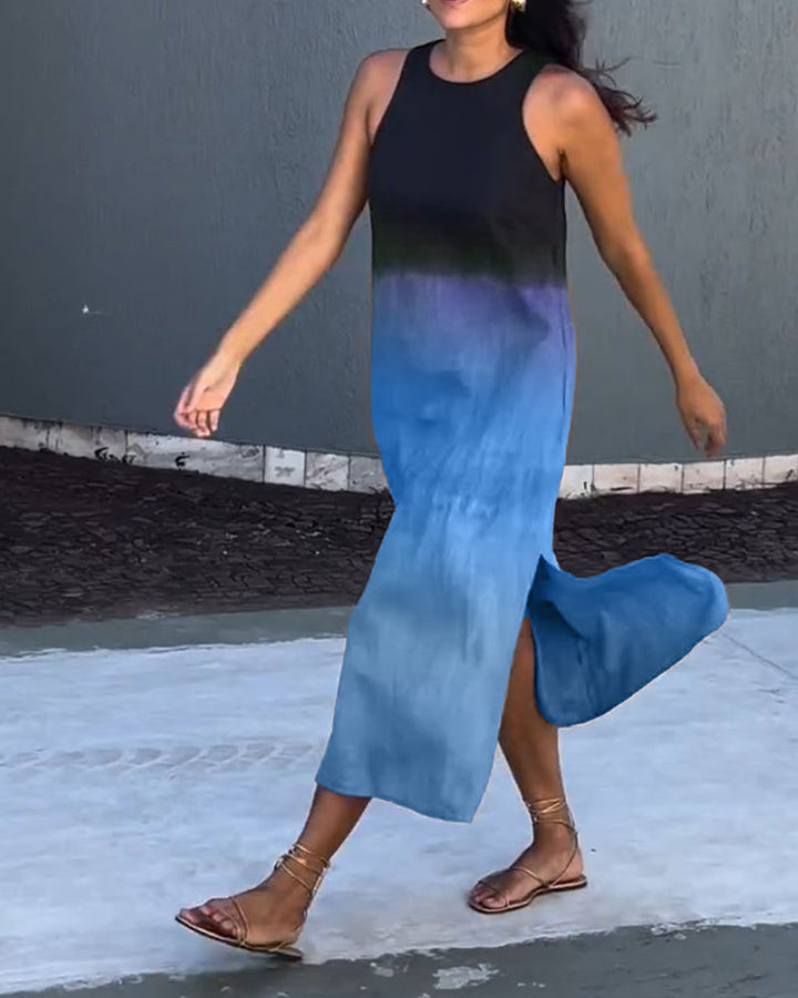 Blue ombre sleeveless midi dress with round neckline and side slit