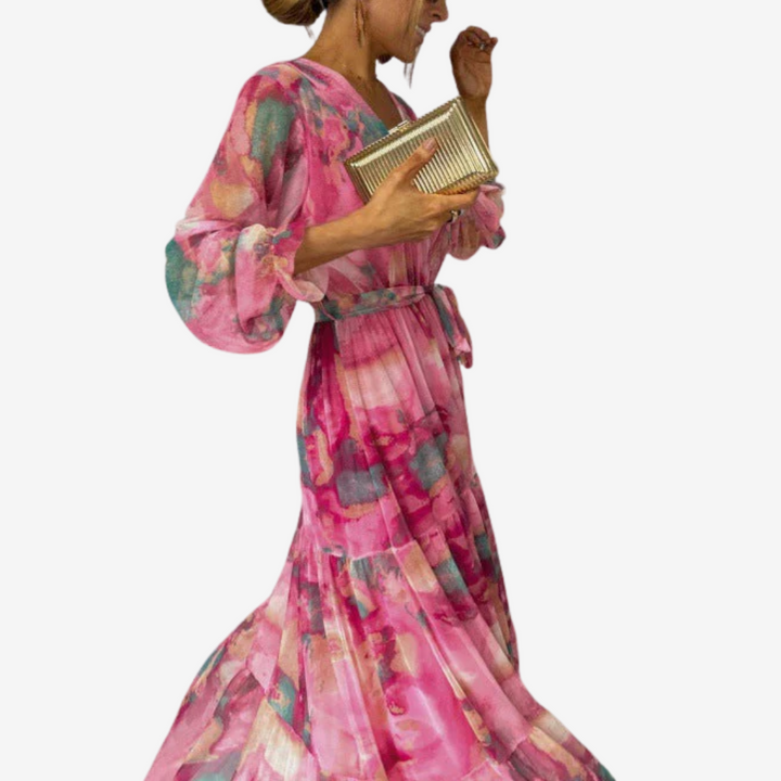 Pink floral maxi dress with tiered ruffles, belted waist, long sheer bell sleeves