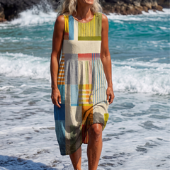 Multicolor sleeveless midi dress with block print and gathered skirt hem