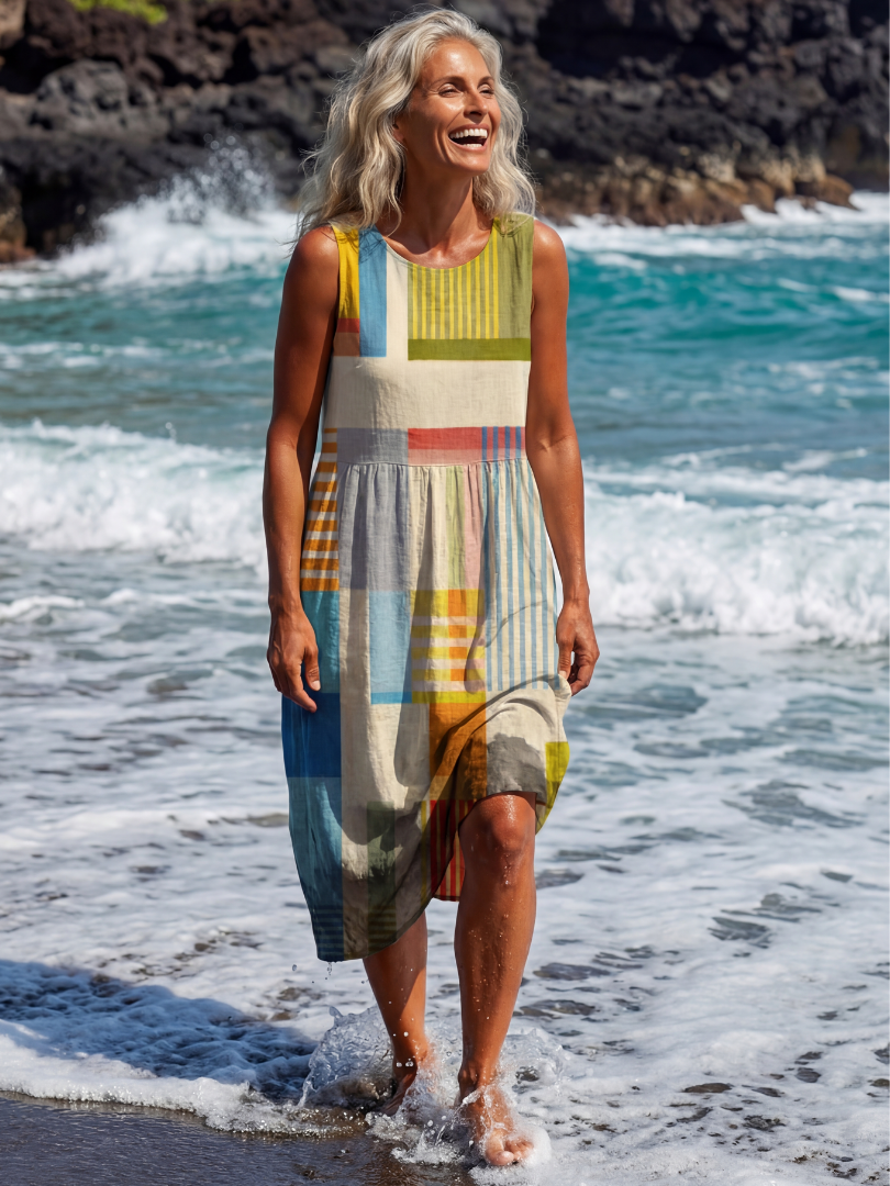 Multicolor sleeveless midi dress with block print and gathered skirt hem