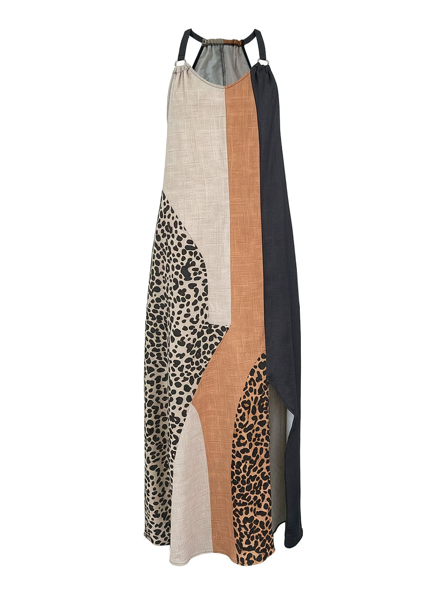 Leopard halter maxi dress with multicolor patchwork panels and dark side