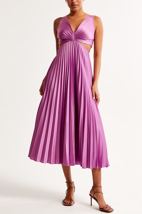 Lavender sleeveless pleated maxi dress with V-neck and cut-out waist detail