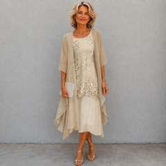 Beige chiffon two-piece dress with lace overlay and draped chiffon sides, midi length