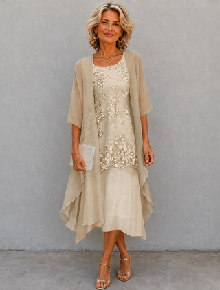 Beige chiffon two-piece dress with lace overlay and draped chiffon sides, midi length