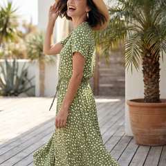 Green printed belted midi dress with short sleeves and button-front detail