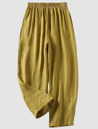 Olive linen wide-leg pants with elastic waistband, ankle-length