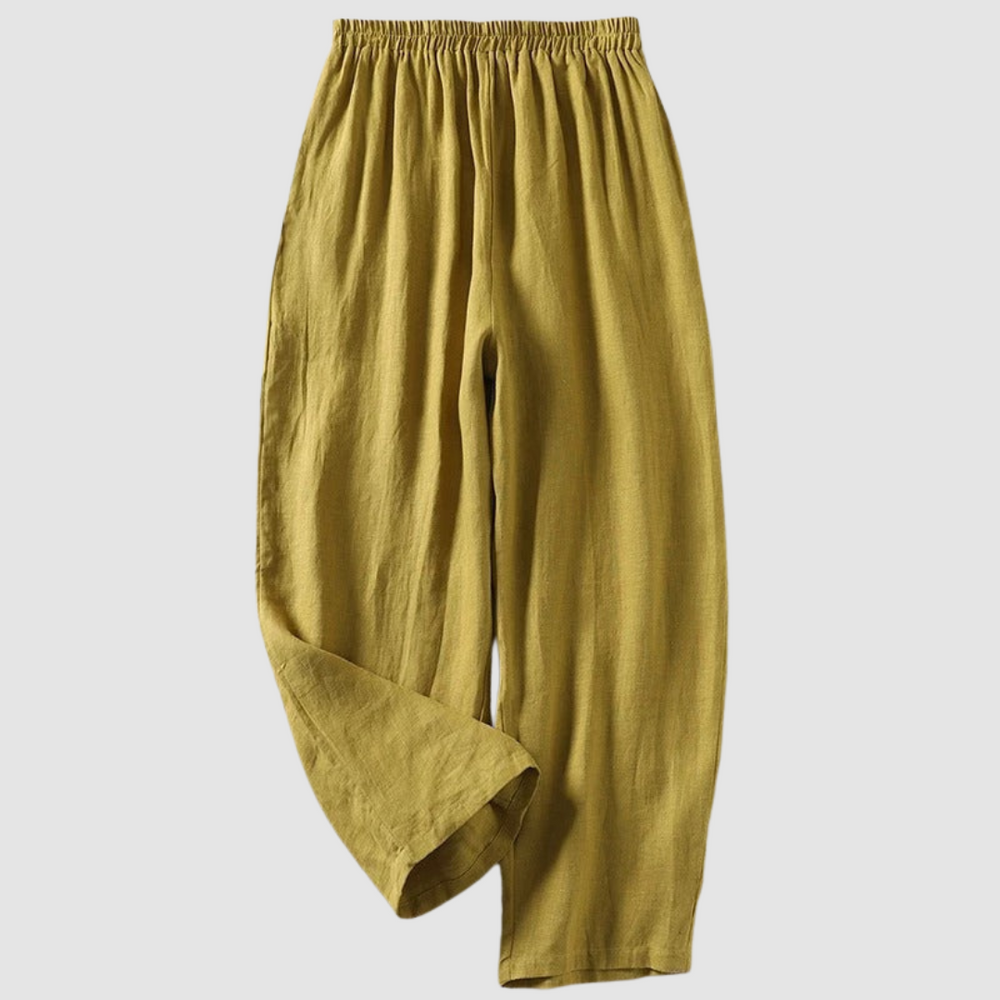 Olive linen wide-leg pants with elastic waistband, ankle-length