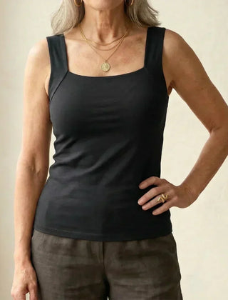 Roxy built-in comfort bra tank top in black, square neck, thin straps