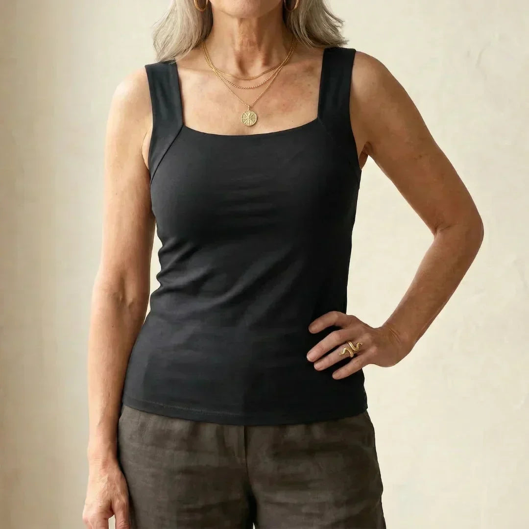 Roxy built-in comfort bra tank top in black, square neck, thin straps