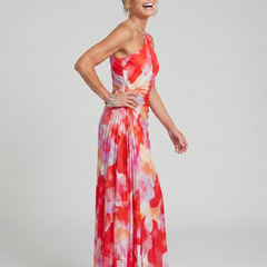 Side view one-shoulder pleated midi dress with red and cream floral print