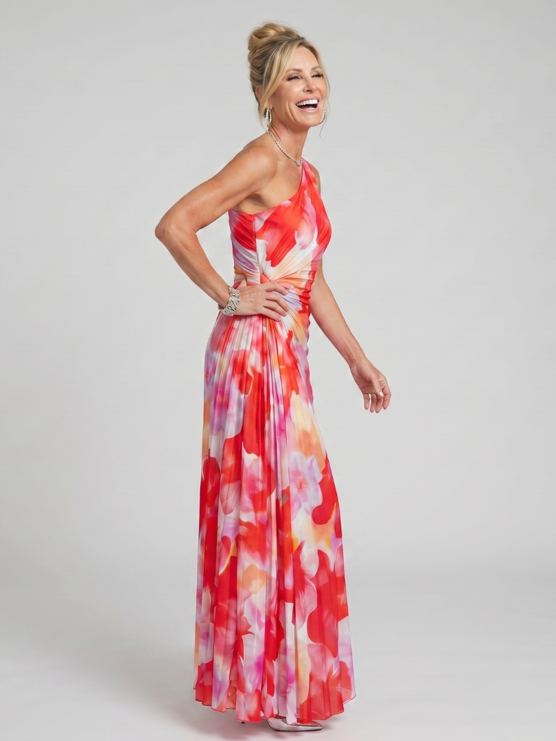 Side view one-shoulder pleated midi dress with red and cream floral print