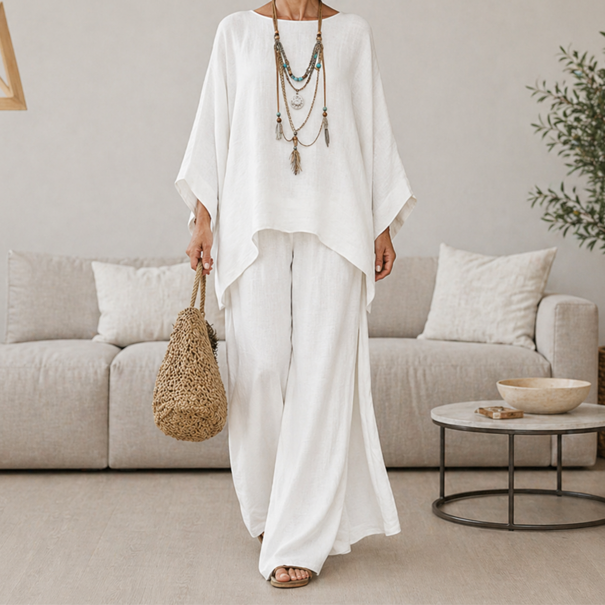 White two-piece set with draped tunic top and wide-leg pants, long sleeves.