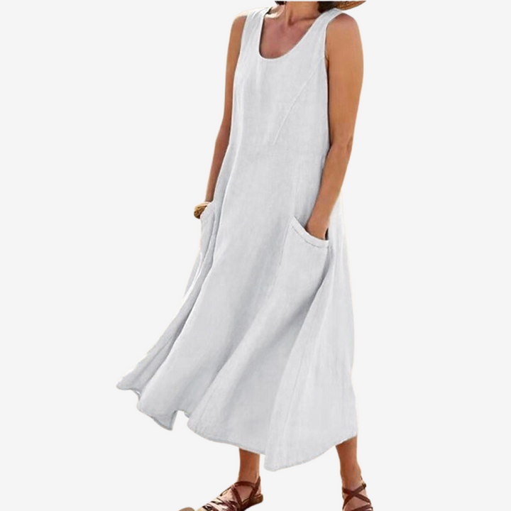 Sleeveless midi casual dress in white with scoop neck and side pocket