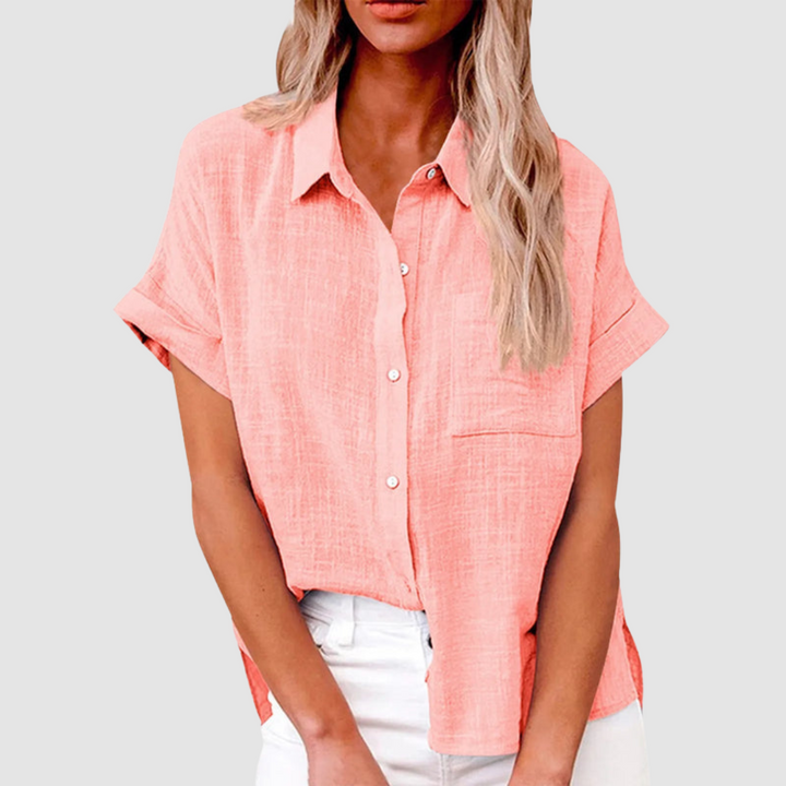 Pink button-up short-sleeve blouse with collar and chest pocket