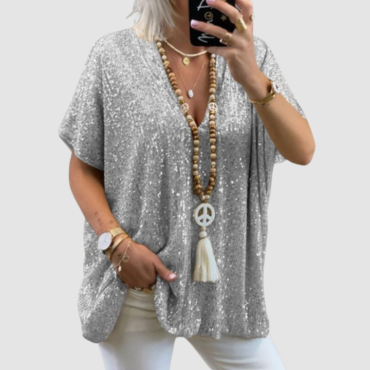 Silver sequin V-neck top with short sleeves, loose drape