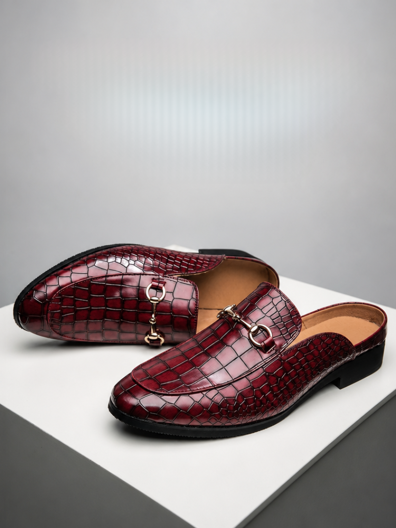 Red croc-embossed leather mules with square toe and metal-link bit strap