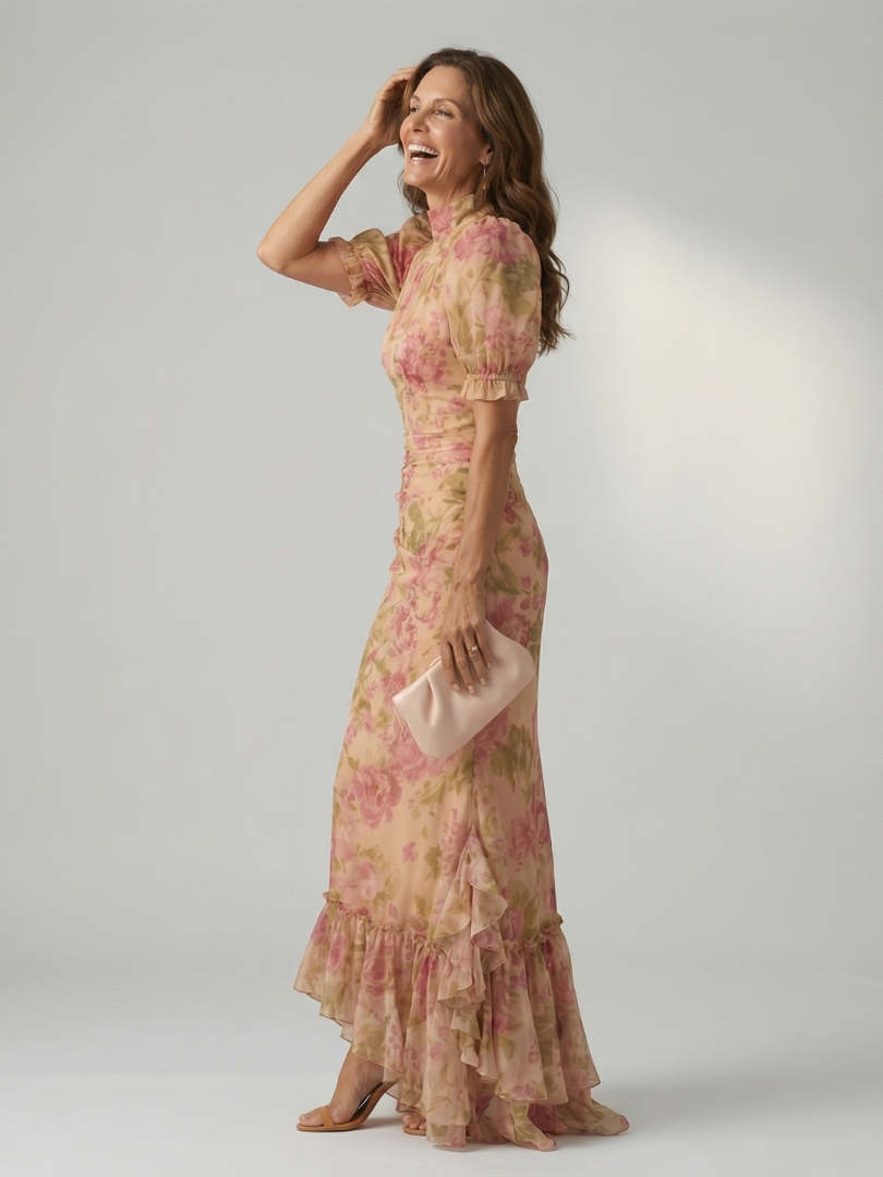 Floral pink high-neck maxi dress with gathered waist, puff sleeves, and ruffled hem.