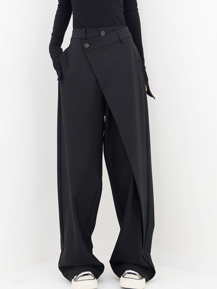 Black baggy trousers with high waist, button front, and wide straight legs