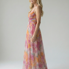 Soft wrap maxi dress in pink, orange and yellow watercolor print, sleeveless, side view