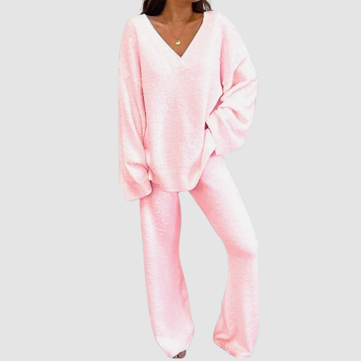 Pink V-neck long-sleeve sweater and wide-leg pants set