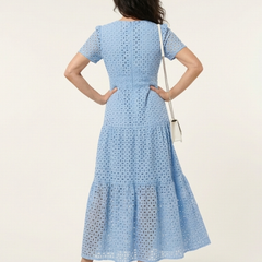 Sky blue V-neck tiered midi dress, back view, short sleeves and eyelet dot pattern