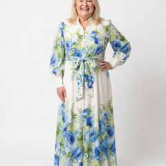 Long sleeve floral button-front maxi dress, white with blue floral print and tied waist