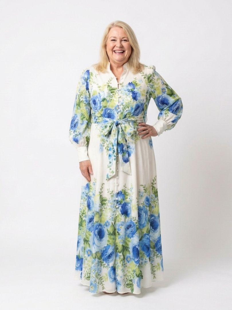 Long sleeve floral button-front maxi dress, white with blue floral print and tied waist