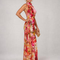 Floral halter neck maxi dress, draped high neckline, pink/red/yellow floral print