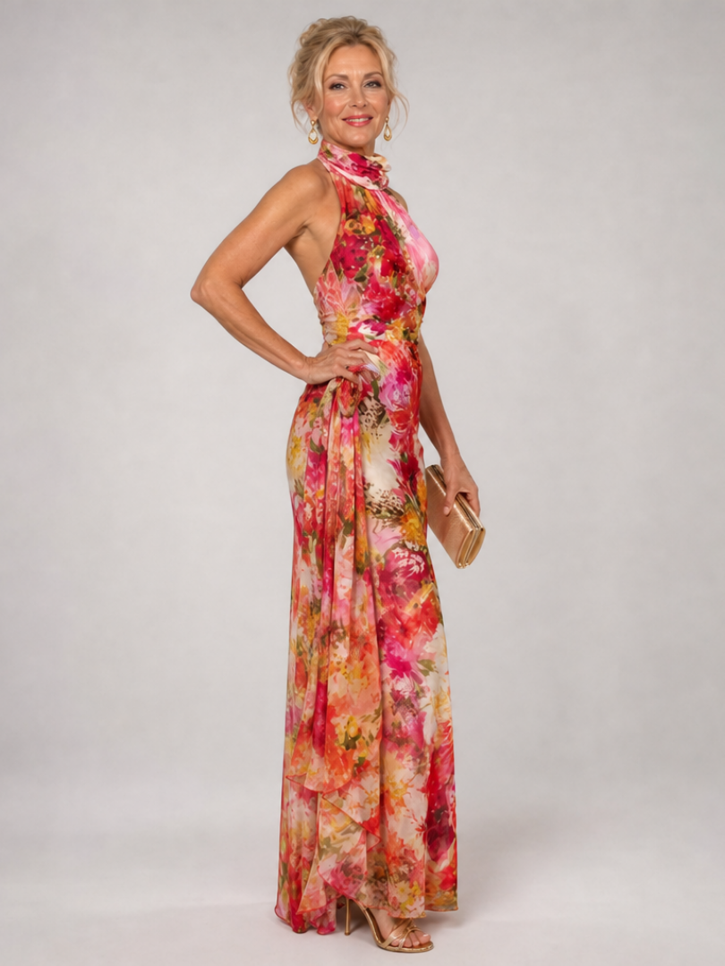 Floral halter neck maxi dress, draped high neckline, pink/red/yellow floral print