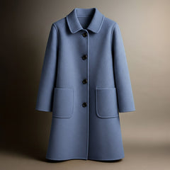 Elio wool coat in hazel blue with notched collar, button front, and two patch pockets.