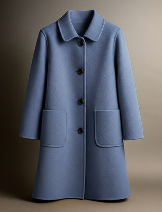 Elio wool coat in hazel blue with notched collar, button front, and two patch pockets.