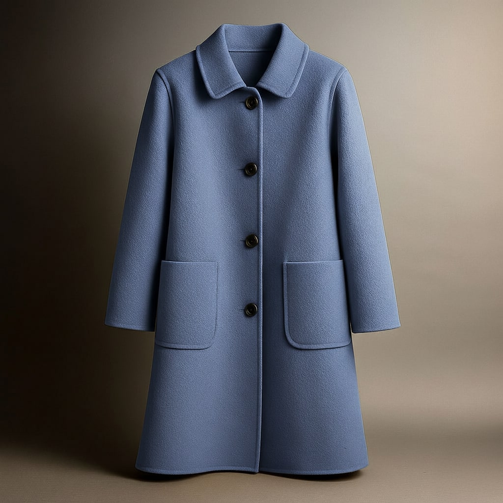 Elio wool coat in hazel blue with notched collar, button front, and two patch pockets.