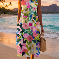 Multicolor sleeveless midi dress, round neck, flared skirt pattern with bold flowers