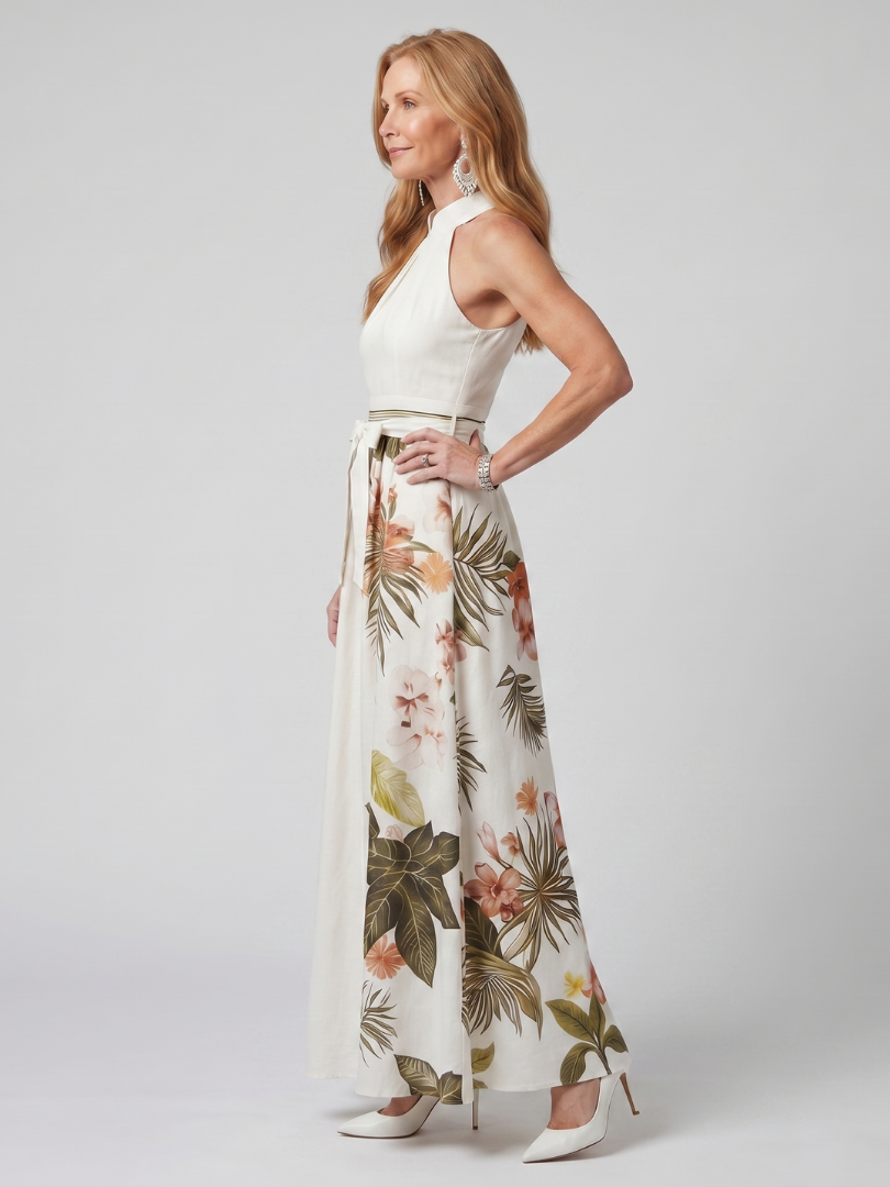 White halter maxi dress with floral-leaf botanical print and gathered waistband