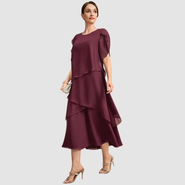 Burgundy chiffon layered midi dress with short cape sleeves and tiered skirt