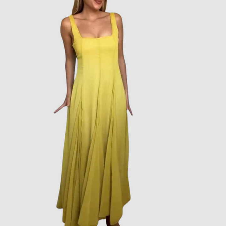 Strappy maxi dress with square neckline and flowing pleated skirt, yellow
