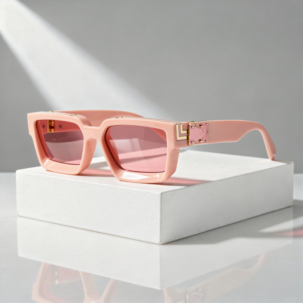 Monaco Marquee Shades sunglasses with light pink square frames and gold logo detail