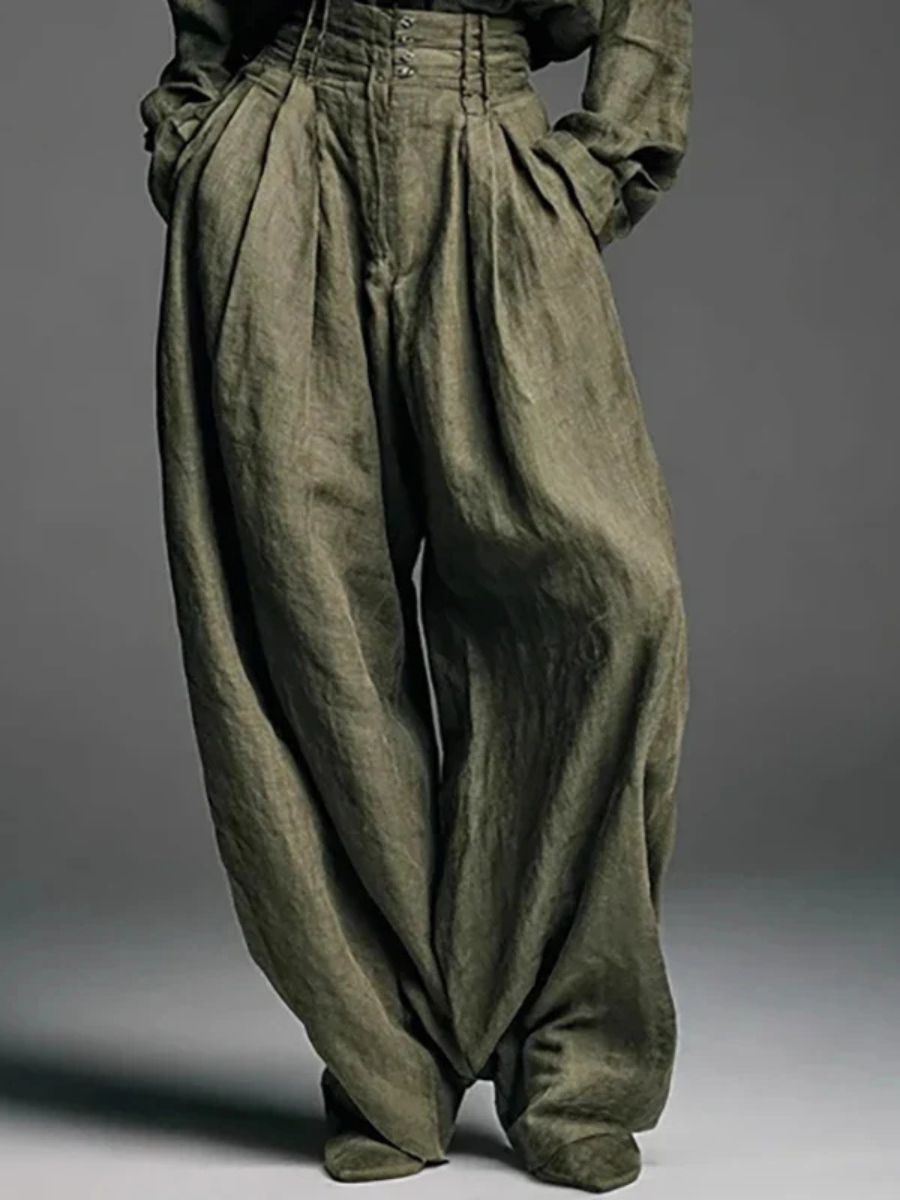 Army green wide-leg pants with gathered waist and buttoned fly, set detail
