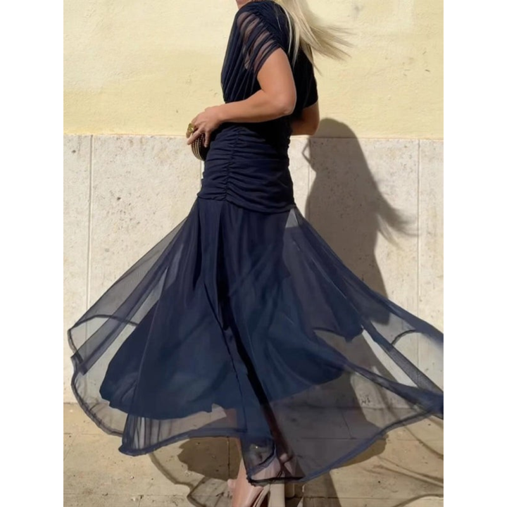 Navy mesh flower midi dress with ruched bodice and full sheer tulle skirt