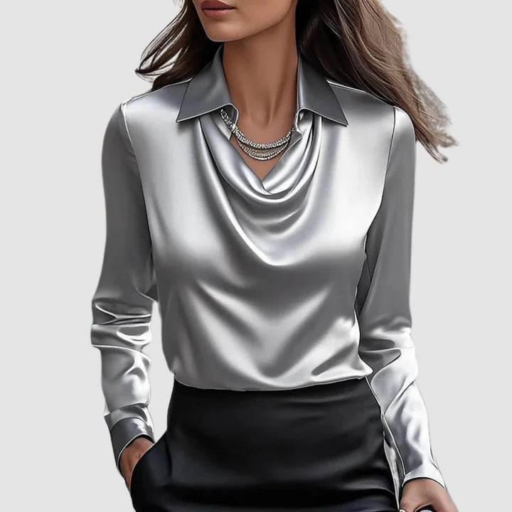 Elegant satin blouse with draped cowl neckline, long sleeves, silver gray