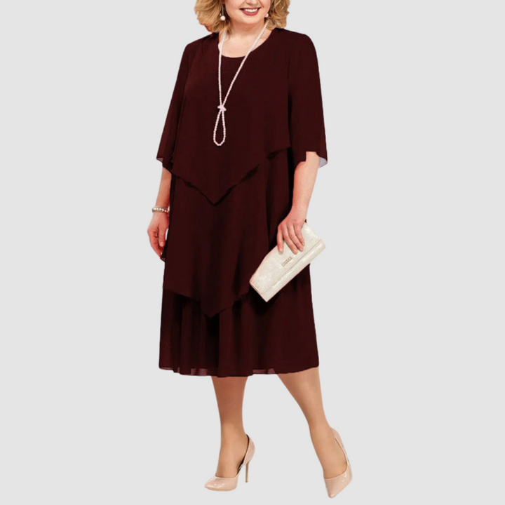 Dark red chiffon midi dress with layered ruffle front, short sleeves, and round neckline