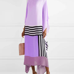 Regan purple kaftan with candy stripe center panel and flowing asymmetric hem