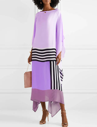 Regan purple kaftan with candy stripe center panel and flowing asymmetric hem