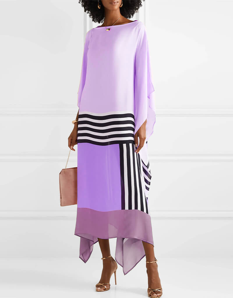 Regan purple kaftan with candy stripe center panel and flowing asymmetric hem
