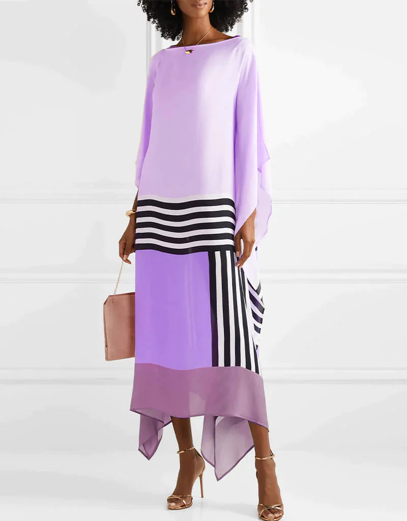 Lavender geometric kaftan with black-and-white striped band and multicolor side panel