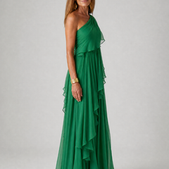 Green one-shoulder maxi dress with layered ruffle tiers and chiffon hem
