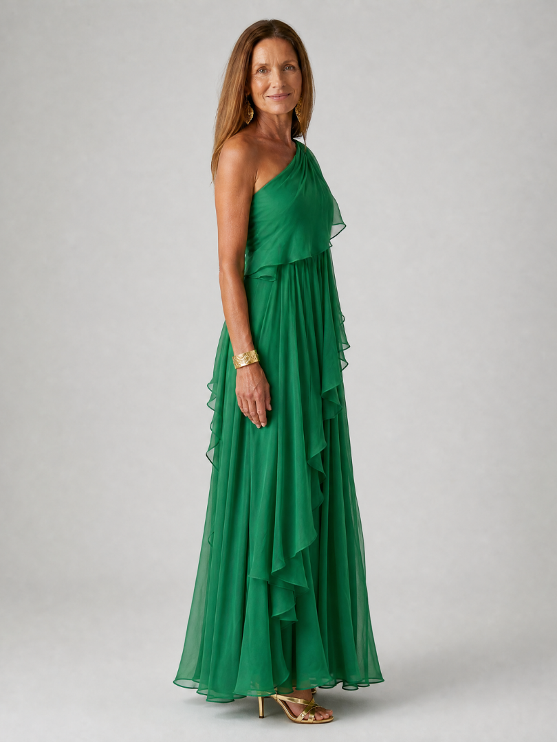 Green one-shoulder maxi dress with layered ruffle tiers and chiffon hem