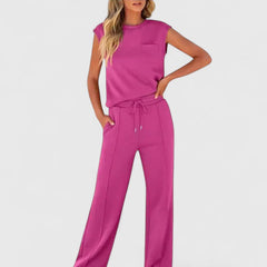 Magenta sleeveless top and drawstring wide-leg pants set