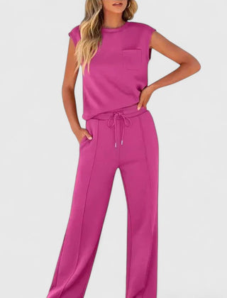 Magenta sleeveless top and drawstring wide-leg pants set